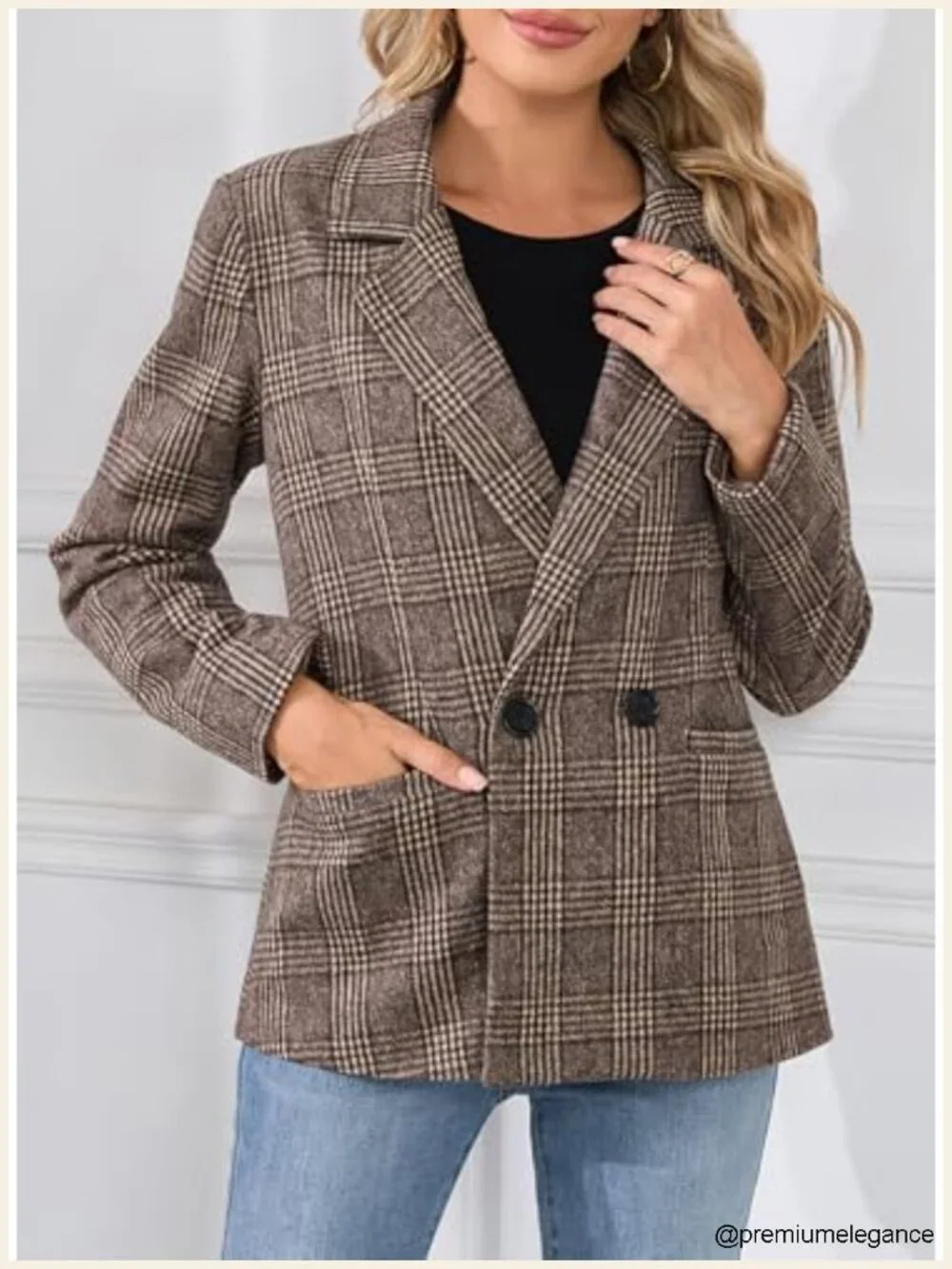 Women's Plaid Blazer Double Breasted Open Front Long Sleeve Work Suit with